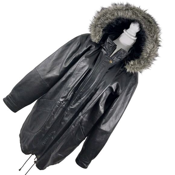 ACCENTS! RICH BLACK GENUINE LEATHER FAUX FUR TRIMMED HOOD PARKA COAT! SZ 1X - Picture 13 of 13